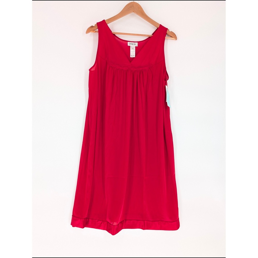 Vanity Fair Red Sleeveless V-Neck Nylon Nightgown Embroidered Trim Size M 30-107